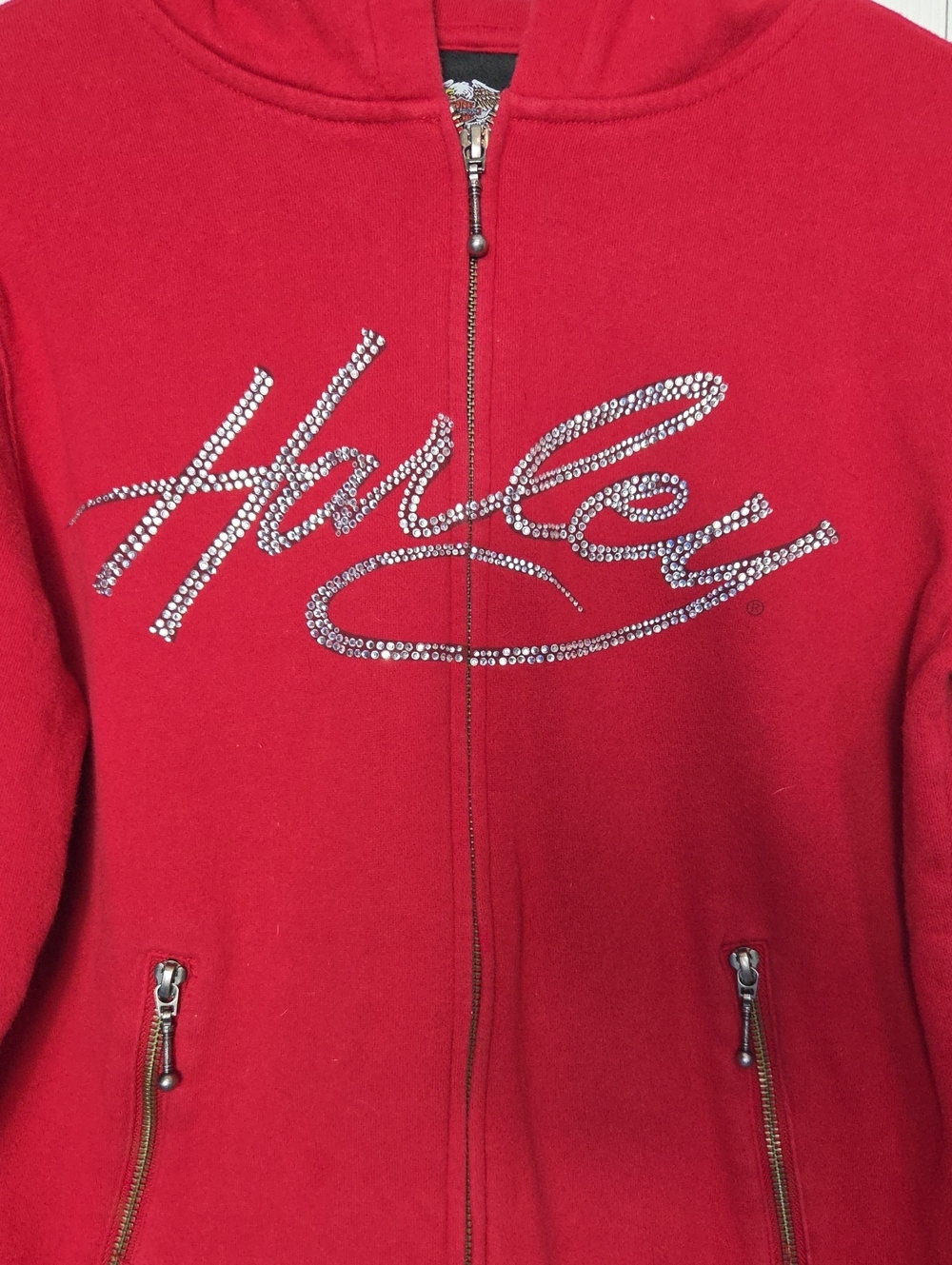 Harley-Davidson Red Rhinestone Script Zip-Up Hoodie Jacket - Picture 3 of 4